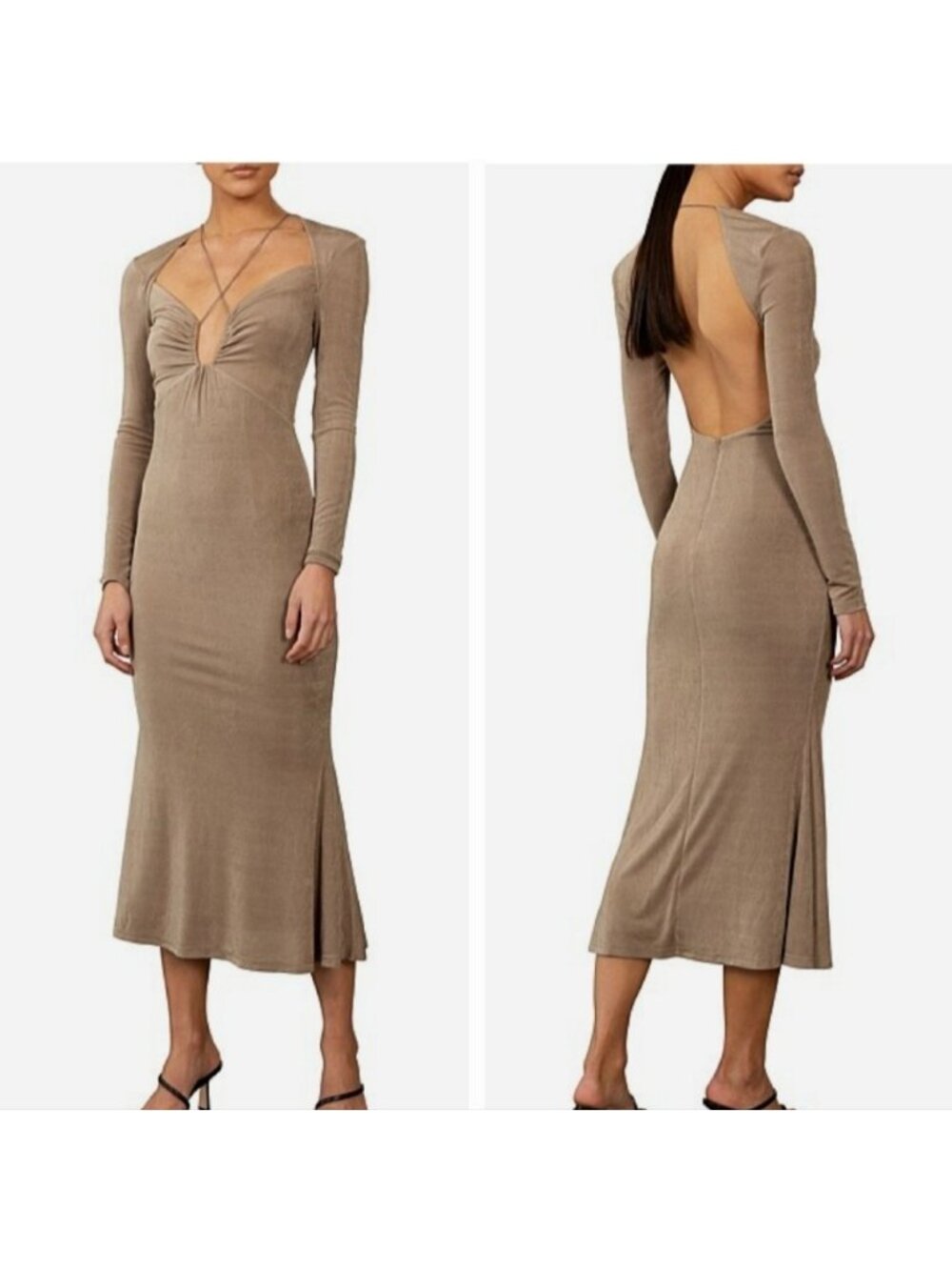Jason Wu Long Sleeve Open Back Midi Bodycon Dress Taupe Brown New NWT Medium